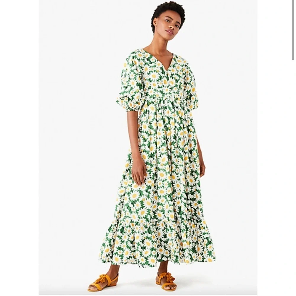 Kate Spade Daisy Bodega Midi Dress Cotton Green Floral Puff Sleeve New with Tags